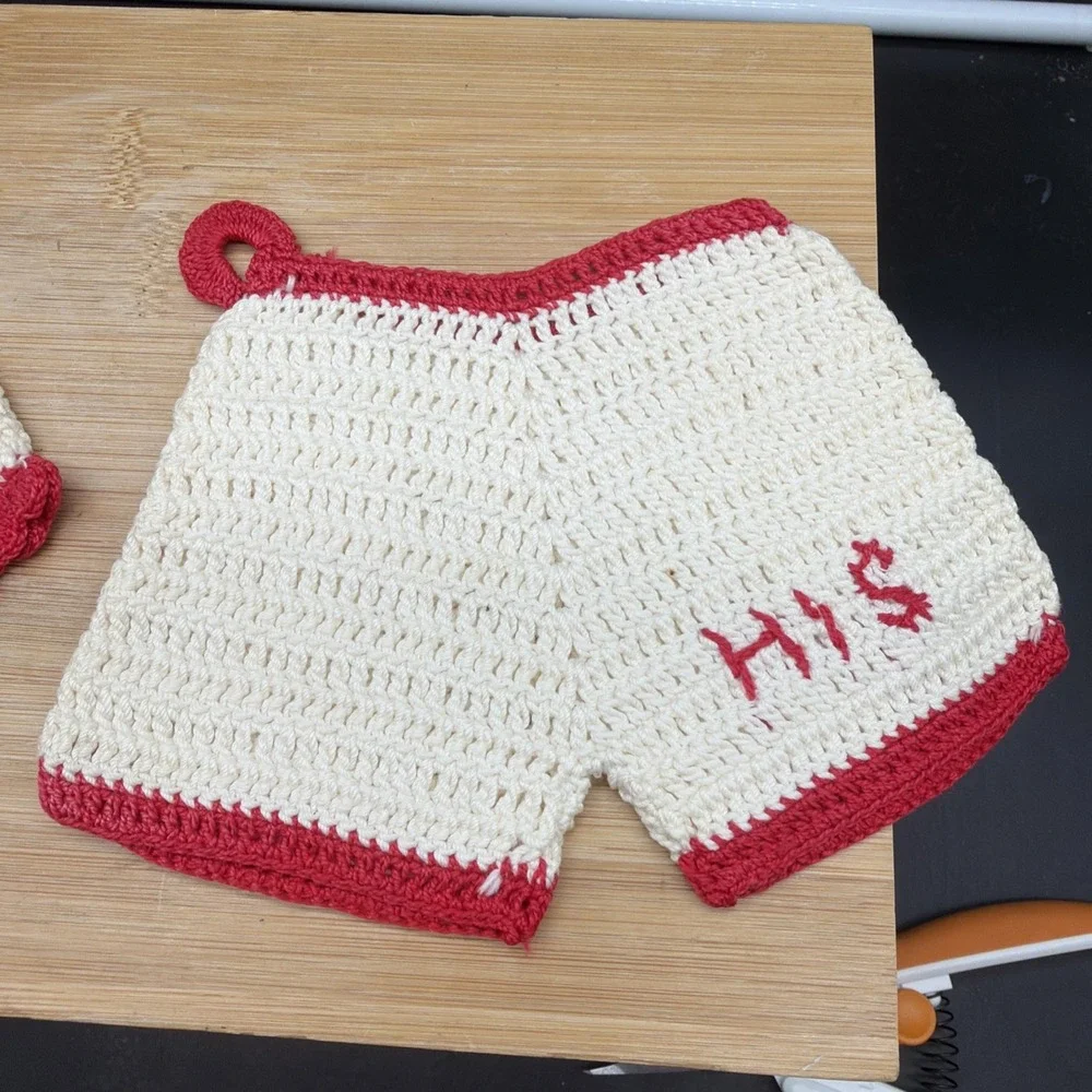 VTG His & Hers Crochet Pot Holders Hot Pads Shorts Panties Red White Kitschy